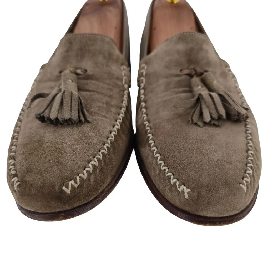 Vintage Salvatore Ferragamo Italy Dress Shoes Taupe Suede Tassel Loafers Men 8.5 - Picture 9 of 12